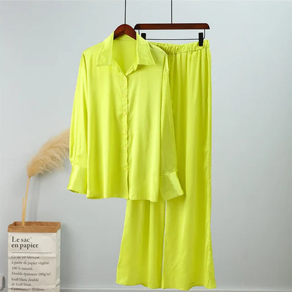 Elegant Satin Women's Matching Sets Casual Long Sleeve Shirt Straight Pants Suit Female  Loose Solid Tops Two Pieces Outfits