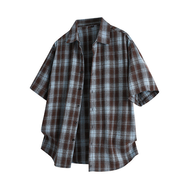 Men's Loose Trendy Short Sleeve Plaid Casual Shirt
