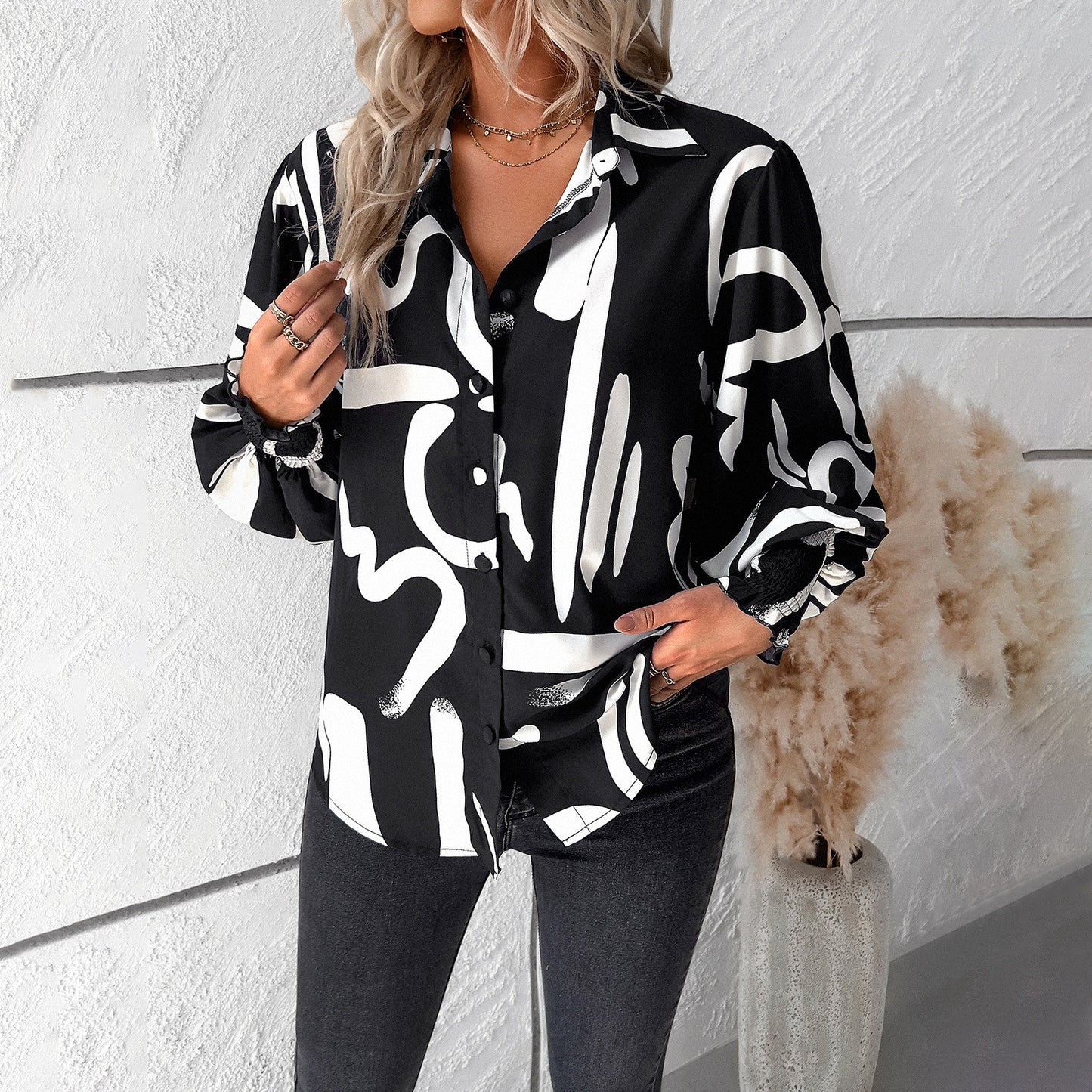 European and American women's clothing Amazon Spring/Summer temperament casual printed lantern sleeve shirt