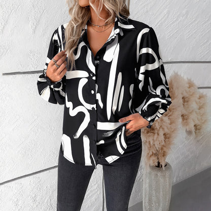 European and American women's clothing Amazon Spring/Summer temperament casual printed lantern sleeve shirt