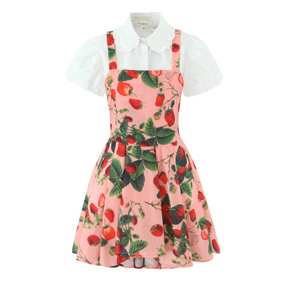 Bubble sleeve shirt suspender dress set