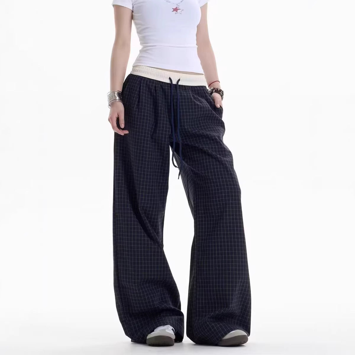Navy Blue Checkered Casual Wide-Leg Pants
