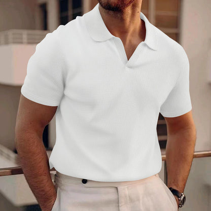 Heren zomer poloshirt met V-hals revers korte mouwen en zware wafelstructuur