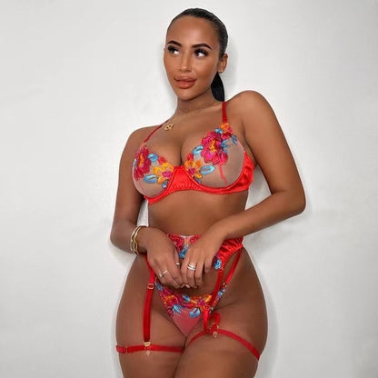 Sexy Three Piece Set Of Cross-Border Explosive Embroidery Large Flower Satin Stitching High-End Complex Craft Underwear