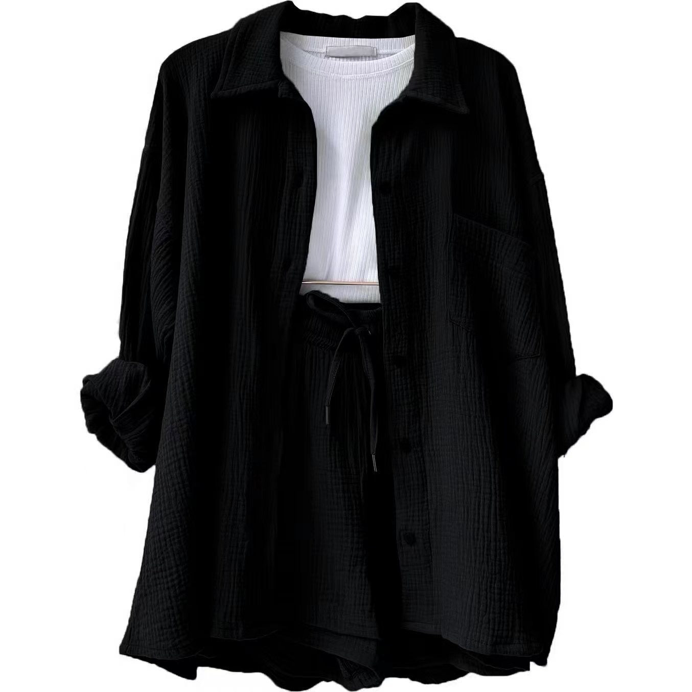Wrinkled collar long sleeved shirt high waisted drawstring shorts two-piece set