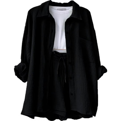 Wrinkled collar long sleeved shirt high waisted drawstring shorts two-piece set