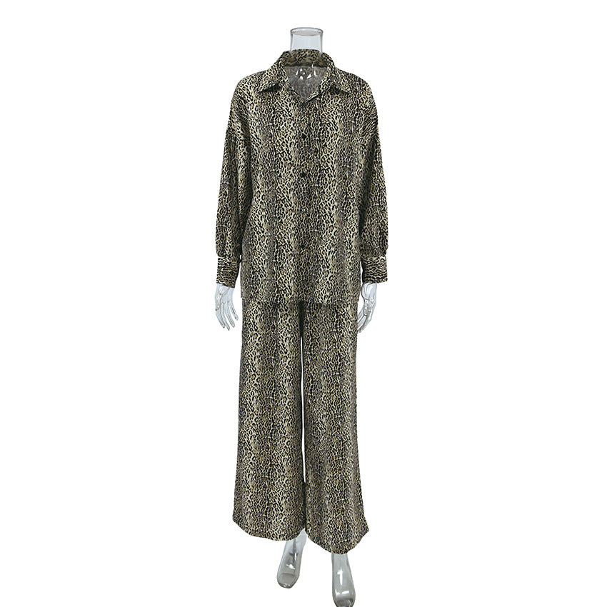 Style Summer Open Front Imitation Silk Leopard Print Long Sleeve Long Pants Loungewear Women's Fashion Loose Ice Silk Pajamas