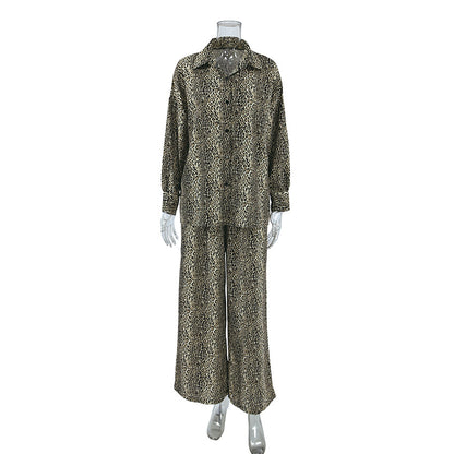 Style Summer Open Front Imitation Silk Leopard Print Long Sleeve Long Pants Loungewear Women's Fashion Loose Ice Silk Pajamas