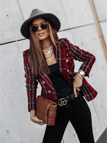 Autumn and winter new cross-border women's clothing hot selling suit long sleeved double breasted printed suit small jacket top
