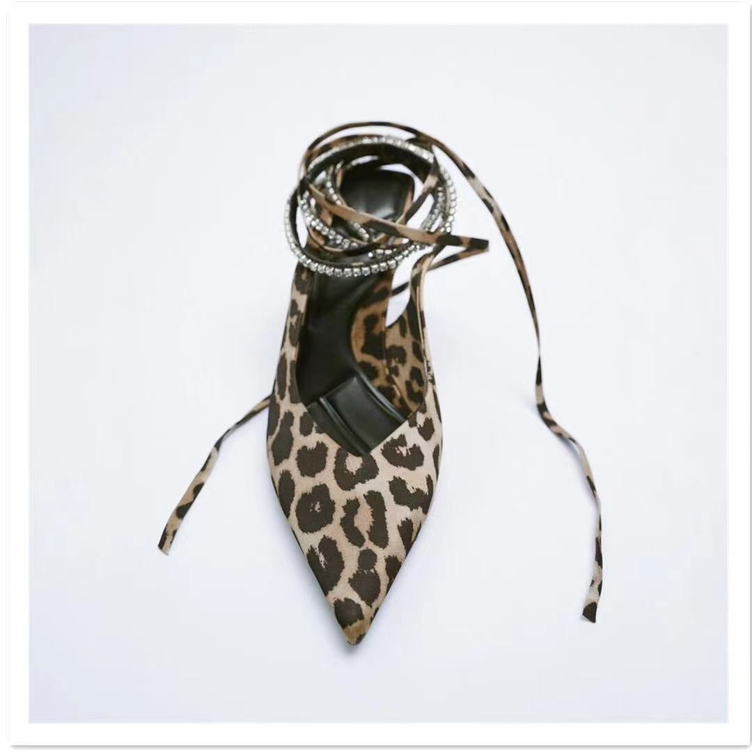 Women Leopard Strappy High Heels Mules Woman Pumps Party Lace up Sandals Heels