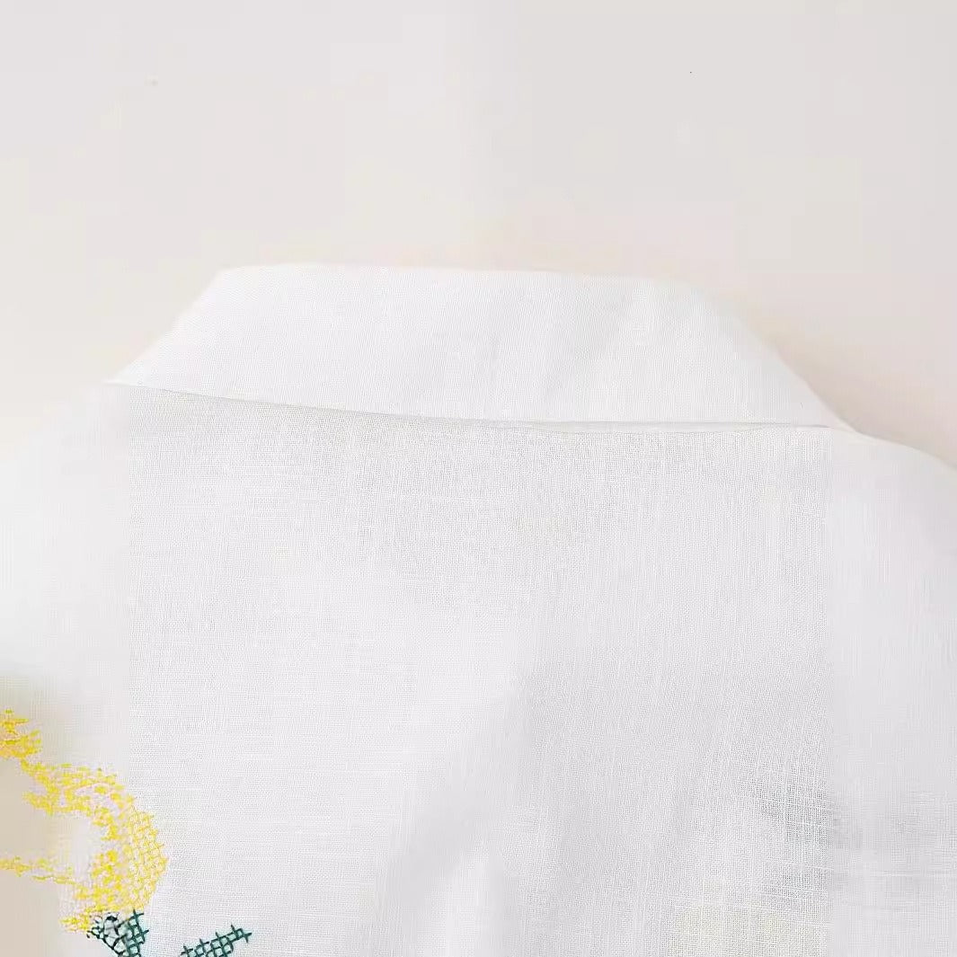 European and American summer new fashionable collar long sleeved cotton linen single breasted white shirt top for women