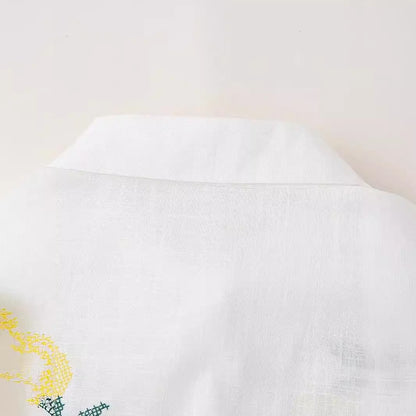 European and American summer new fashionable collar long sleeved cotton linen single breasted white shirt top for women