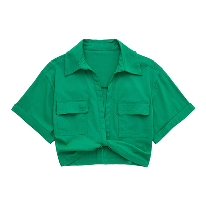 Summer New Stretch Linen Blend Multicolor Cropped Shirt Women