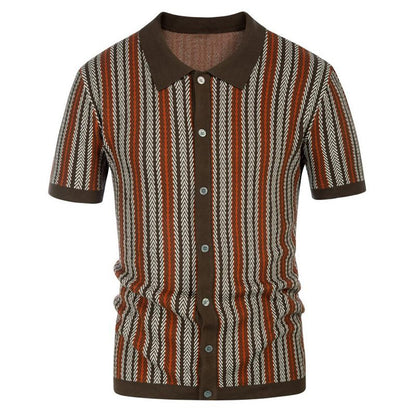Short sleeved knitted sweater summer new striped jacquard business polo shirt Father's Day gift