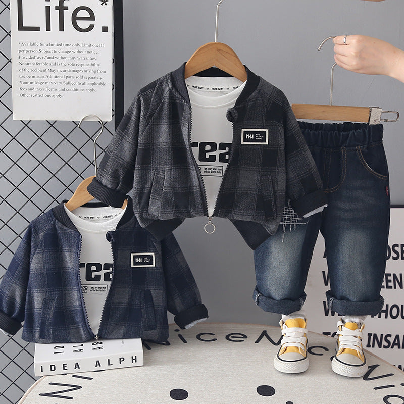 Children's Spring and Autumn Checkered Zipper Shirt Long Sleeve Three Piece Set