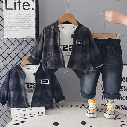 Children's Spring and Autumn Checkered Zipper Shirt Long Sleeve Three Piece Set