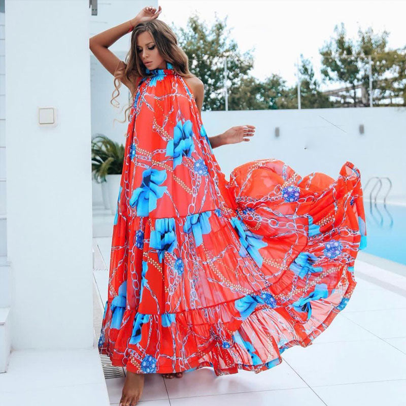 Casual Printed Loose Large Hem Dress Sexy Sleeveless Lady Beach Maxi Dress Summer Fashion Elegant Boho Dresses