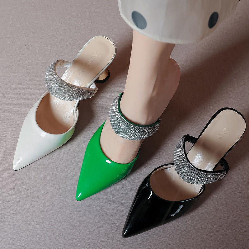French sexy fashionable outer wear rhinestone sandals for women with pointed toe high heels