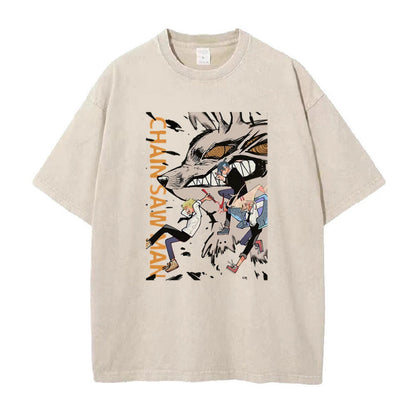 Summer New Anime Chainsaw Man Printed T-Shirt Summer Cotton Washed Vintage Short-Sleeved Top