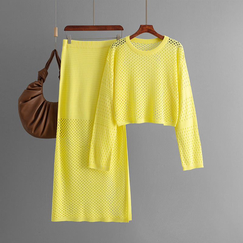 New summer women's hollow knitted sweater long skirt fashion two-piece dress set