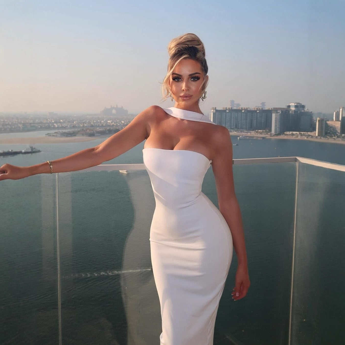 Women's Strapless One-Shoulder Halter Backless Fitted Bodycon Slit Dress