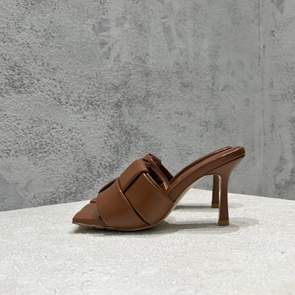Dames slippers met hoge hakken van gesplitst leer in effen kleur