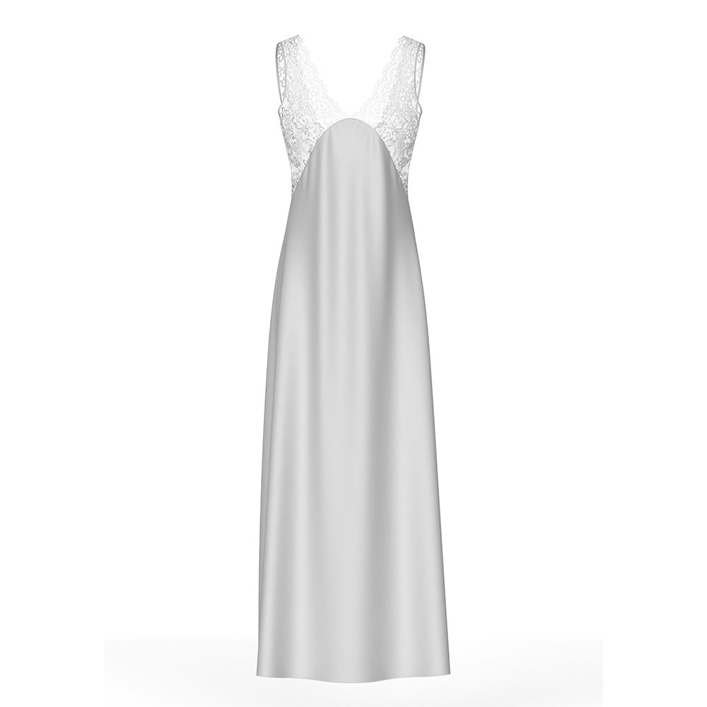 Sexy lace edge suspender slim and elegant long nightgown