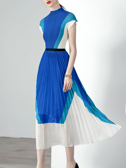 Summer Pleated Two Piece Sets For Women Mock Neck Short Sleeve Print Top Elastic Waist Loose Skirt Female Set