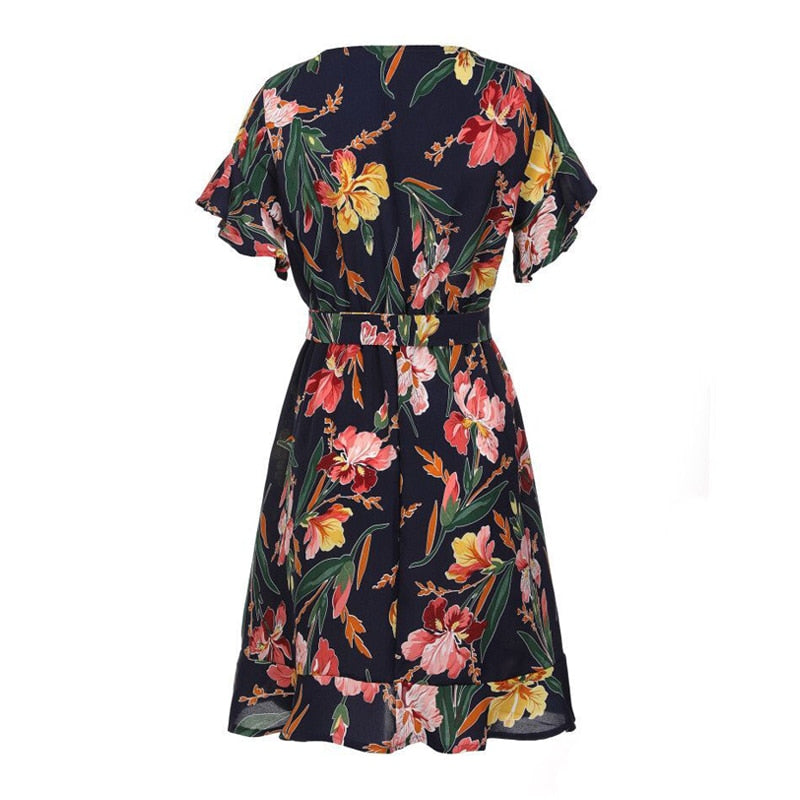 Women Boho Short Mini Dress Summer Floral Printed V-Neck Bow Knot Beachwear Sundress Ladies Short Sleeve Ruffles Loose Vestidos