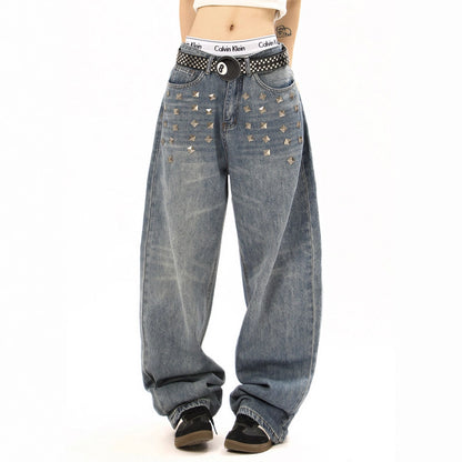Gekraste denim jeans stoer design met vierkante studs