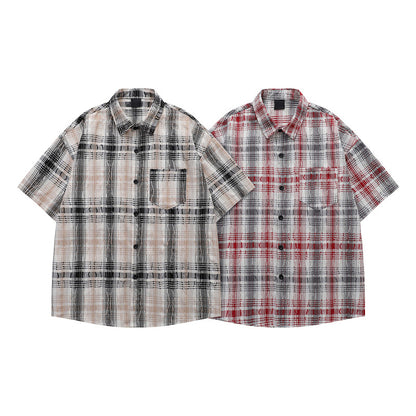 Plaid Couple Shirt Unisex Summer Short Sleeve Loose Casual Outerwear
