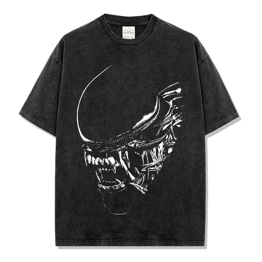 Summer New Irregular Xenomorph Print T-Shirt Summer Cotton Washed Vintage Short Sleeve Top