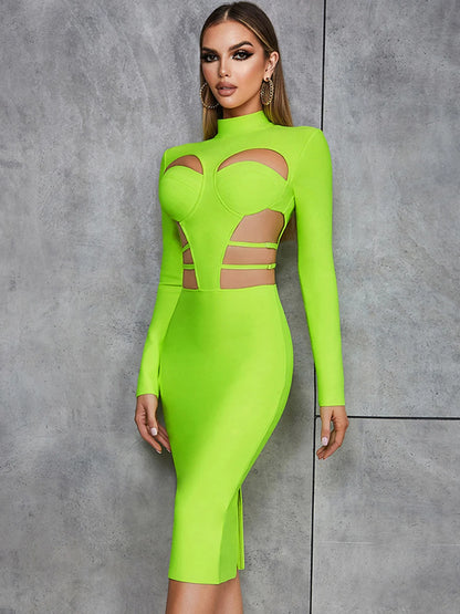 New Fluorescent Green Sexy Hollow Out Bodycon Design  Bandage Dress Women'S Long Sleeve Fashion Club Party Vesidos