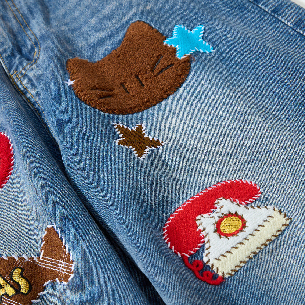 Cargo jeans met elastische taille en geborduurde cartoons
