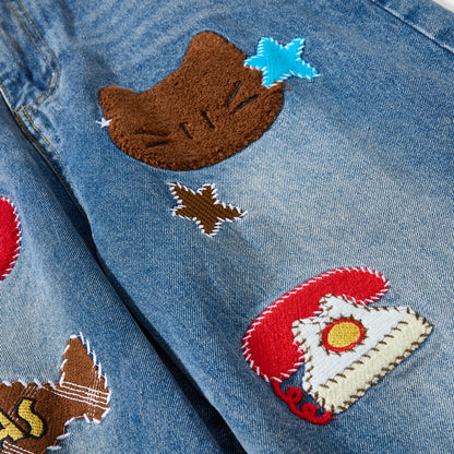 Cargo jeans met elastische taille en geborduurde cartoons