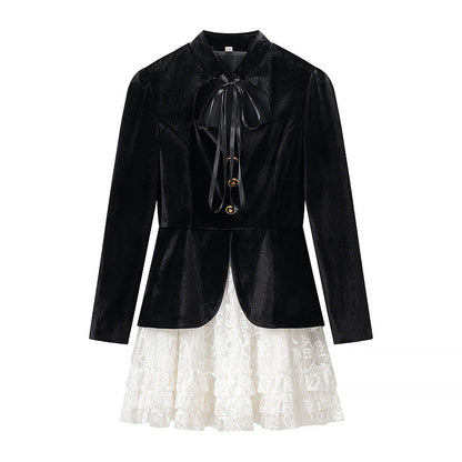 Commuting style elegant velvet patchwork long sleeved dress