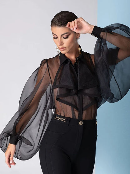 VC Ruffles Dresses For Women 2022 Summer New Trendy Long Sleeve Turndown Collar Loose One Piece Organza BodySuit