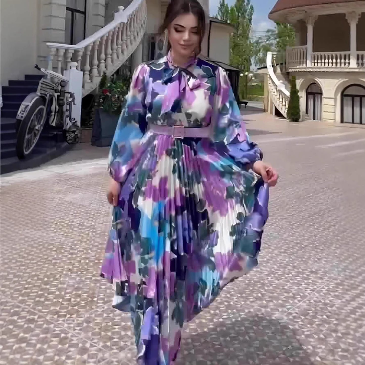 Printed Scarf Neck Elegant Design Dress Spring Fitted Waist New Puff Sleeve