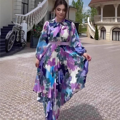 Printed Scarf Neck Elegant Design Dress Spring Fitted Waist New Puff Sleeve