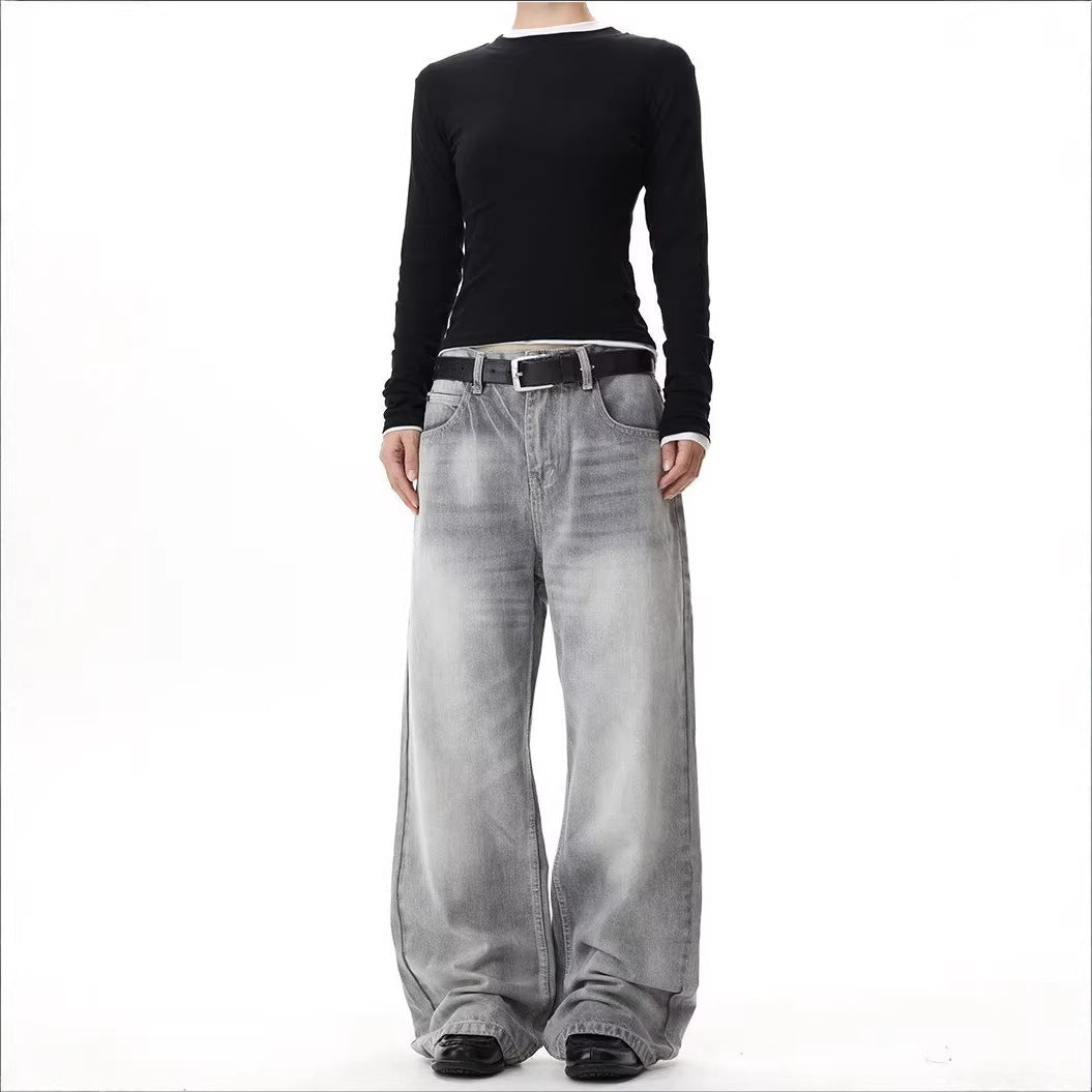 Gewassen grijsgroene losse denim jeans unisex