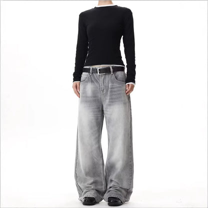 Gewassen grijsgroene losse denim jeans unisex