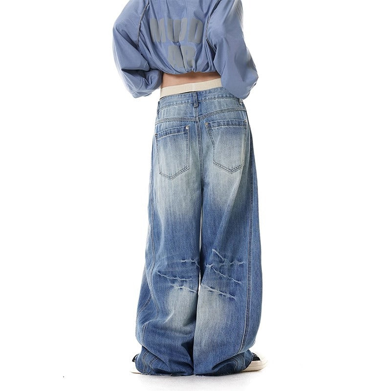 Vintage Washed Lightning Pattern Deconstructed Knife-Edge Jeans Women's Loose 3D Cut Oversized Banana Long Pants