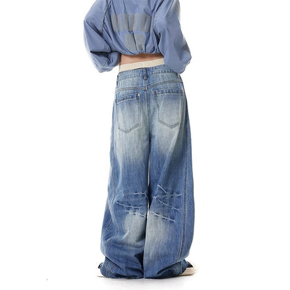 Vintage Washed Lightning Pattern Deconstructed Knife-Edge Jeans Women's Loose 3D Cut Oversized Banana Long Pants