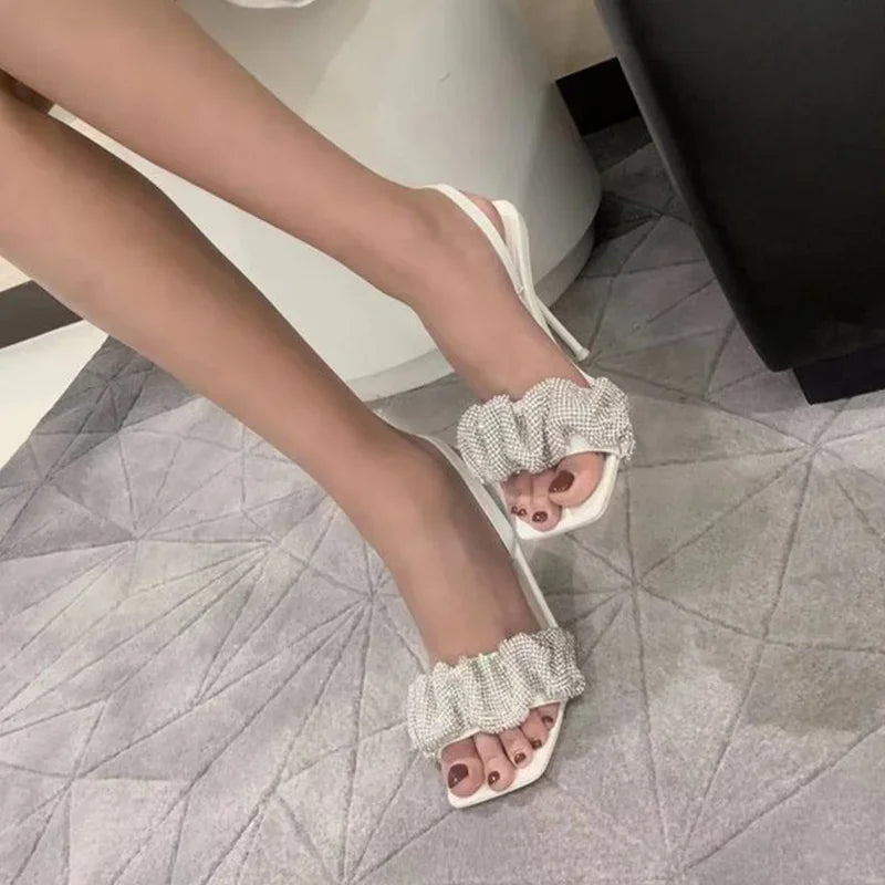 New Summer Fashion Design PU High Heels Women's Shoes Square Toe 7 Cm Non Slip Rhinestone Pumps Bling Women Sandals