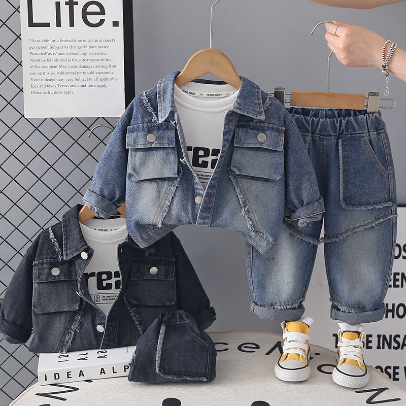 Clothing for male baby autumn denim long sleeved three piece set