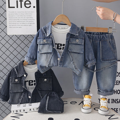 Clothing for male baby autumn denim long sleeved three piece set