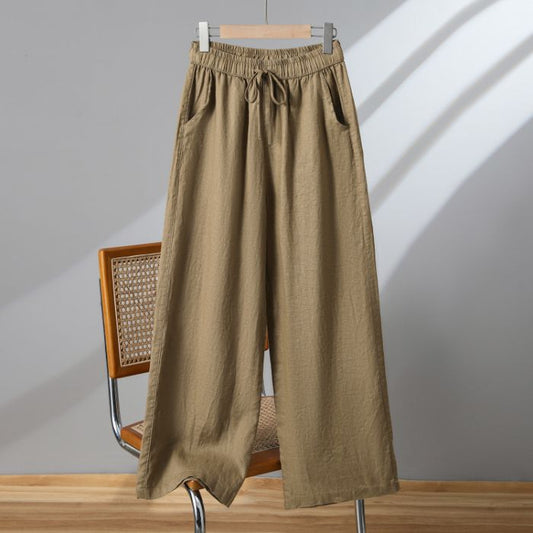 Katoen-linnen broek met wijde pijpen en hoge taille voor dames
