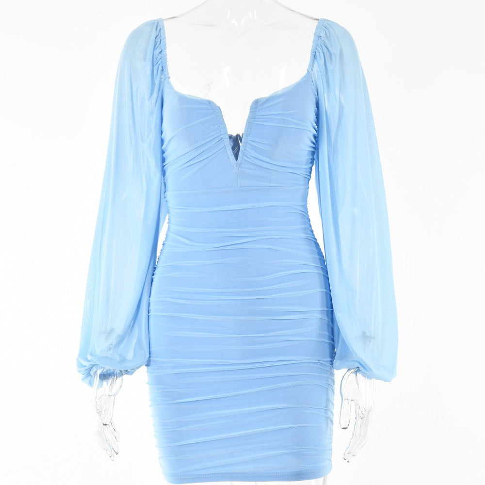 Temperament V-neck low-cut short skirt Summer hot sale new fashion lantern sleeve backless dress