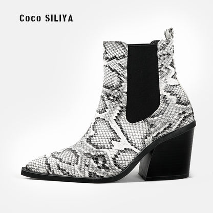 Women's Patterned Short Boots New Ankle Boots Autumn And Winter Thick Heels Pointed Toes Large Martin Boots
