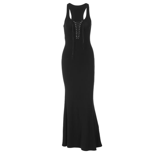 Mouwloze nauwsluitende bodycon jurk met diepe V-hals oogjes en strikbandjes
